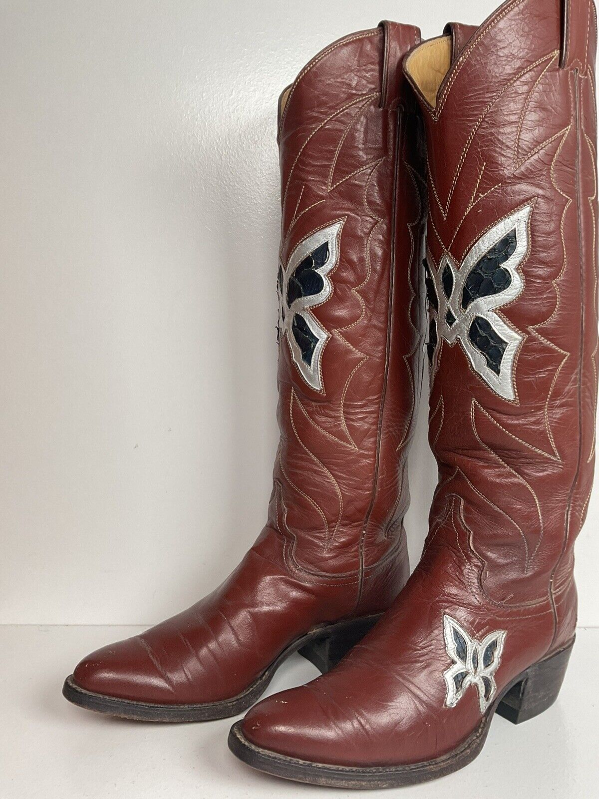 Vintage Justin 18” Butterfly Cowgirl Boots 5.5 C Snakeskin Inlay 70s