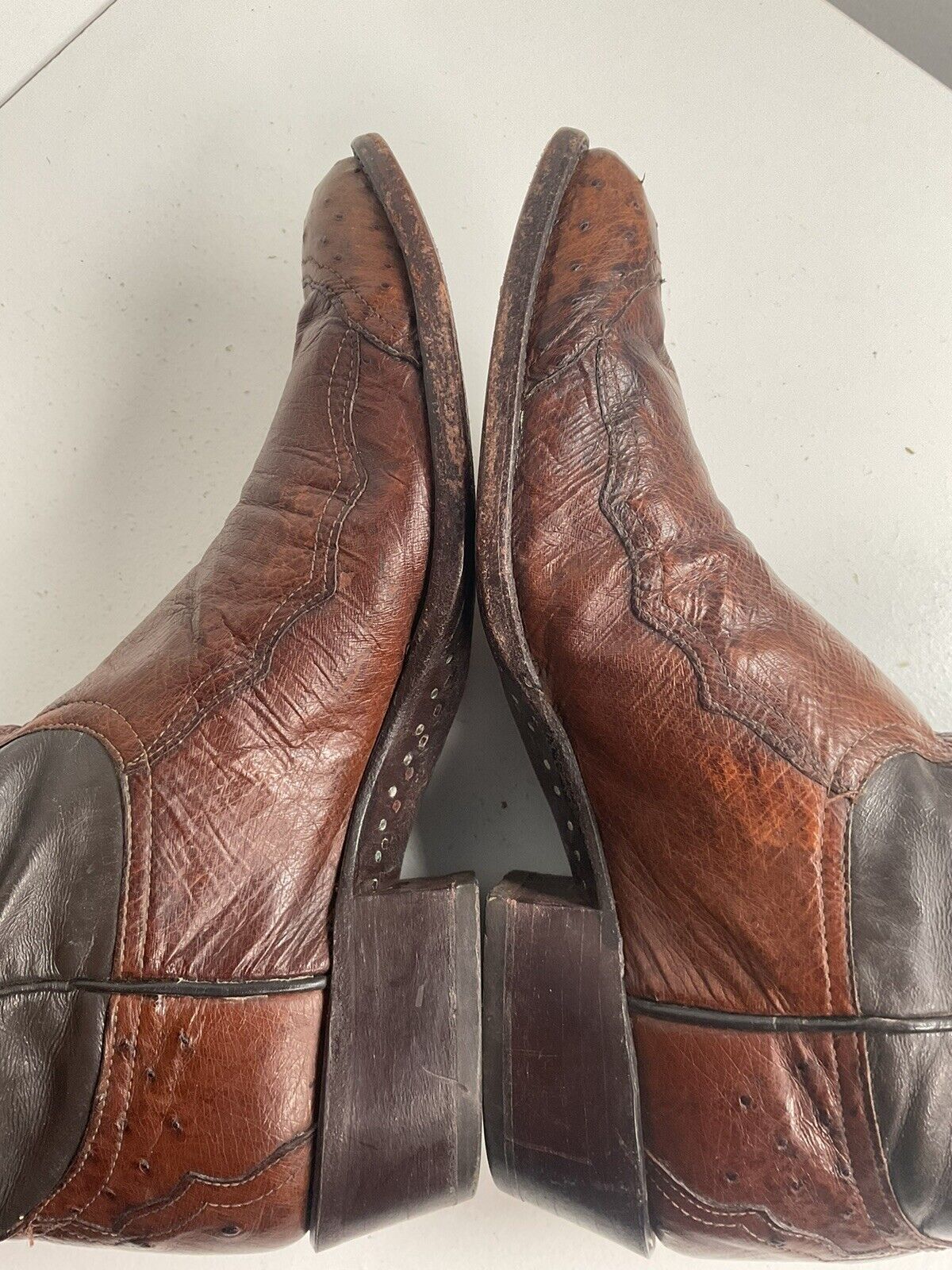 Vintage Larry Mahan Exotic Ostrich Wingtip Cowboy Boots 10.5 D Smooth Pin Quill