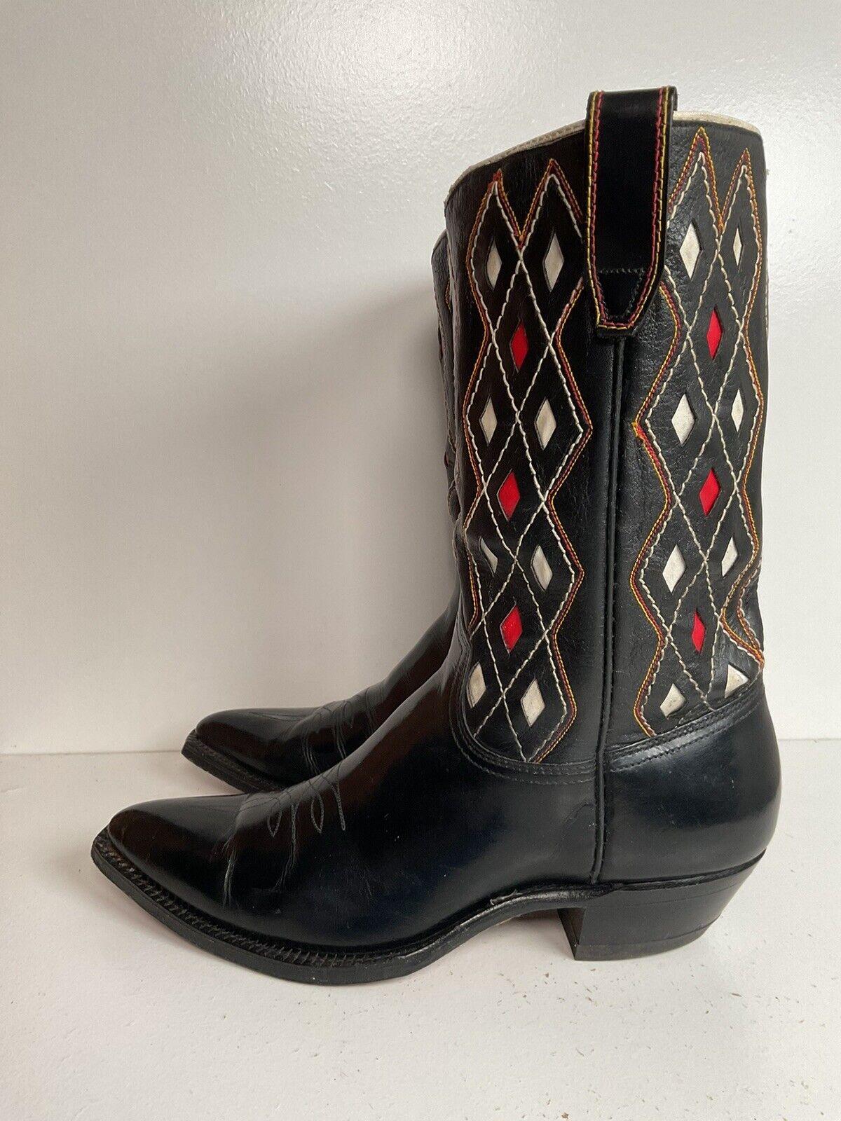 Vintage ACME Tooled Diamond Inlay Leather Cowboy Boots 8 D Old Label 1950s 1960s