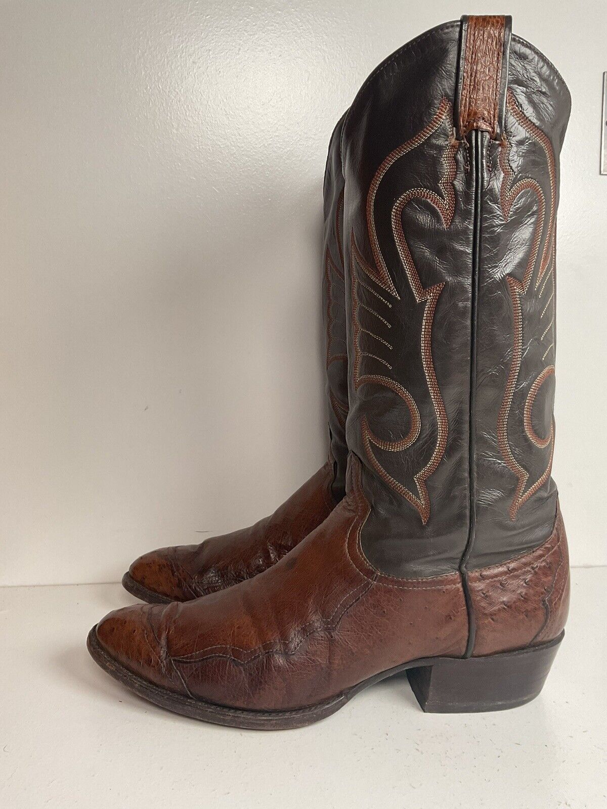 Vintage Larry Mahan Exotic Ostrich Wingtip Cowboy Boots 10.5 D Smooth Pin Quill