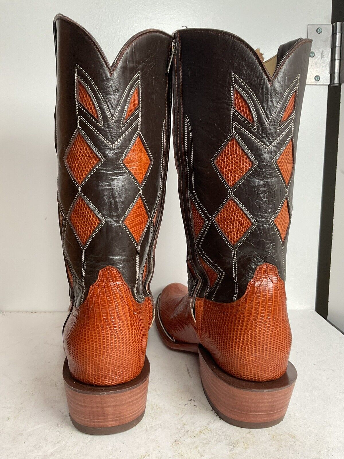 Serna Custom Cowboy Zipper Boots 10 Lizard Vamp, Tooled Inlay