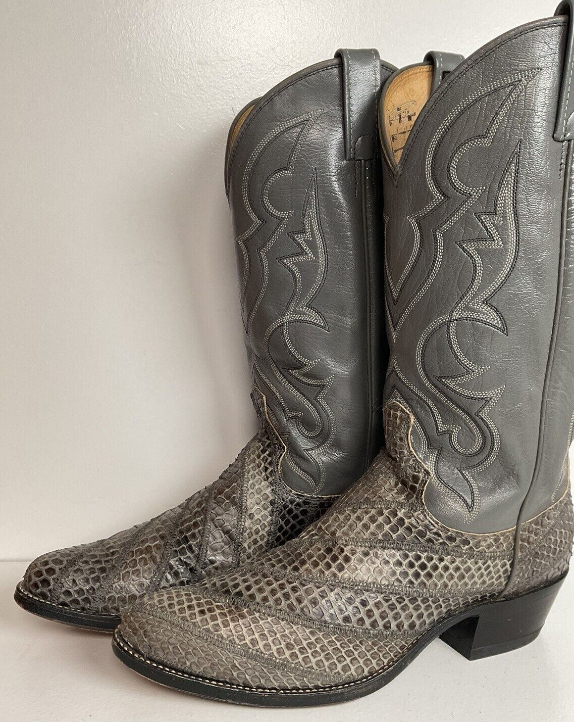 Vintage Dan Post Grey Anaconda Snakeskin Cowboy Boots 9.5 D Exotic Custom