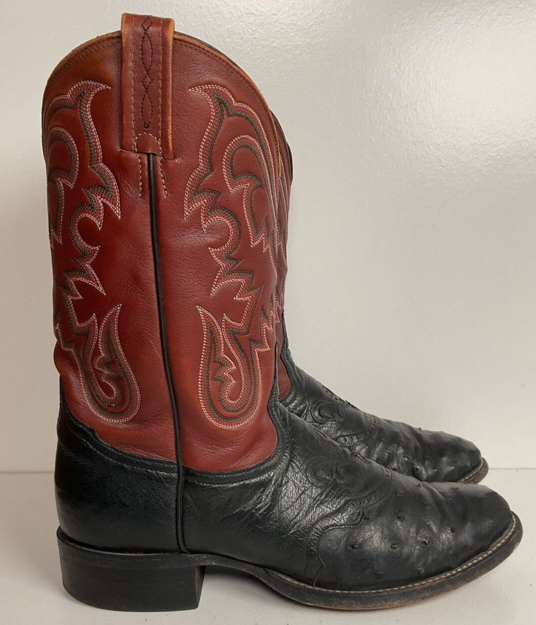 Vintage Tony Lama Exotic Ostrich Quill Roper Boots 10 D Tooled Inlay White Label