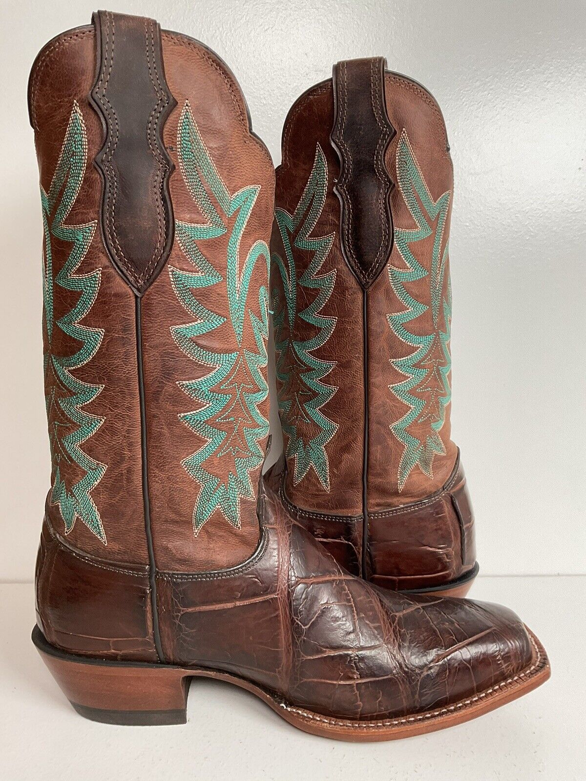 Justin Exotic Alligator Leather Cowgirl Boots 8 C Giant Bias Cut Square Toe