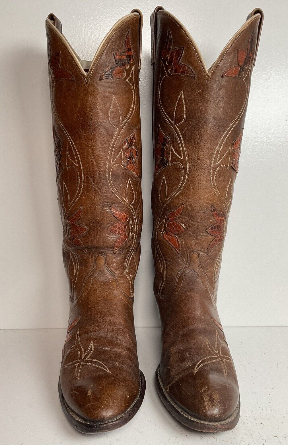 Vintage Dan Post 17”  Tulip Cowgirl Boots 7.5 C Tooled Snakeskin Overlay