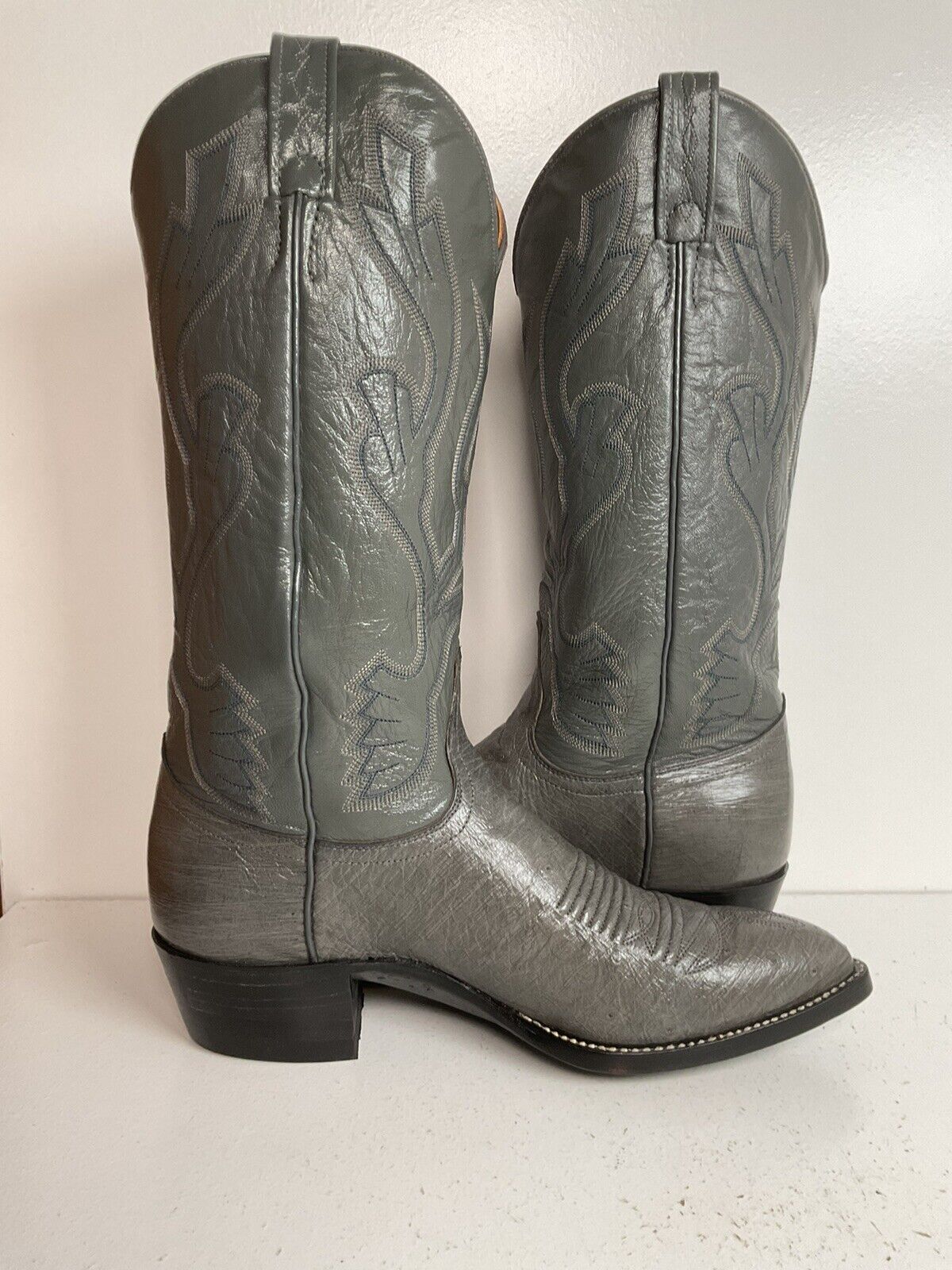 Vintage J. Chisholm Grey Smooth Ostrich Cowboy Boots 7.5 D New Old Stock Exotic