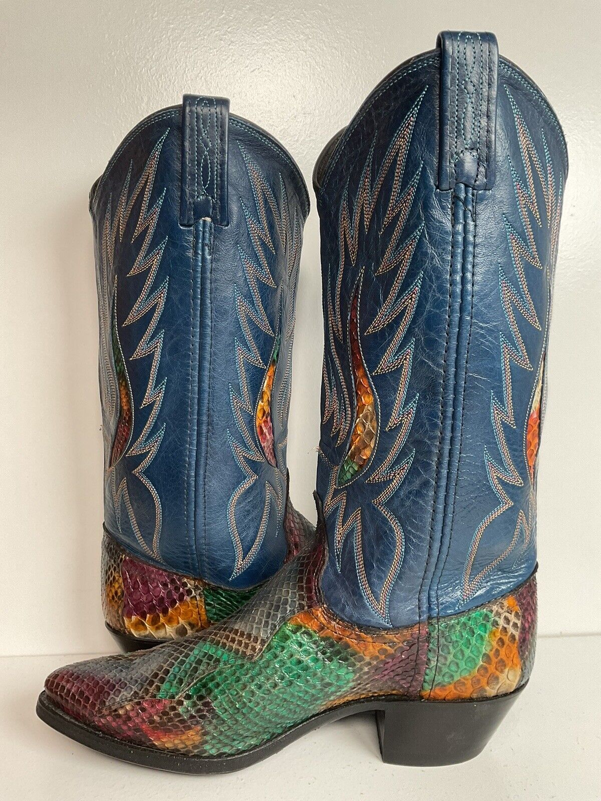 Vintage Dan Post Rainbow Python Cowgirl Boots 8 M Front Cut Tooled Inlay