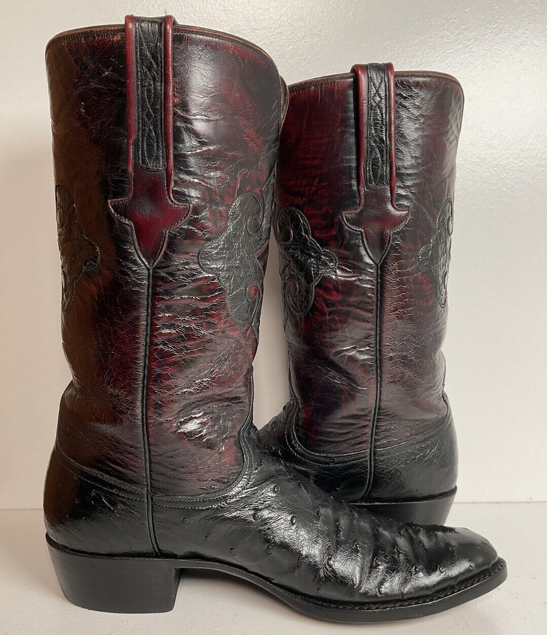 Vintage Lucchese Black Cherry Ostrich Quill Cowboy Boots 10 B Inlay New Soles