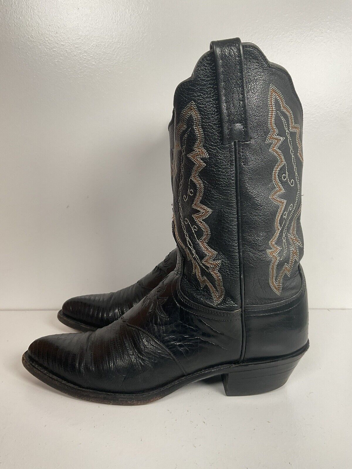 Lucchese 1883 Black Leather Cowgirl Boots 10 B Tooled Lizard Inlay