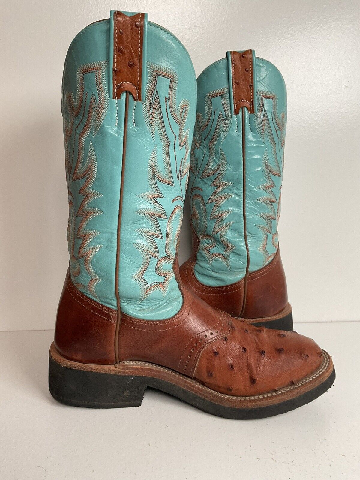 Boulet Exotic Ostrich Quill Cowgirl Roper Boots 7 C Crepe Turquoise