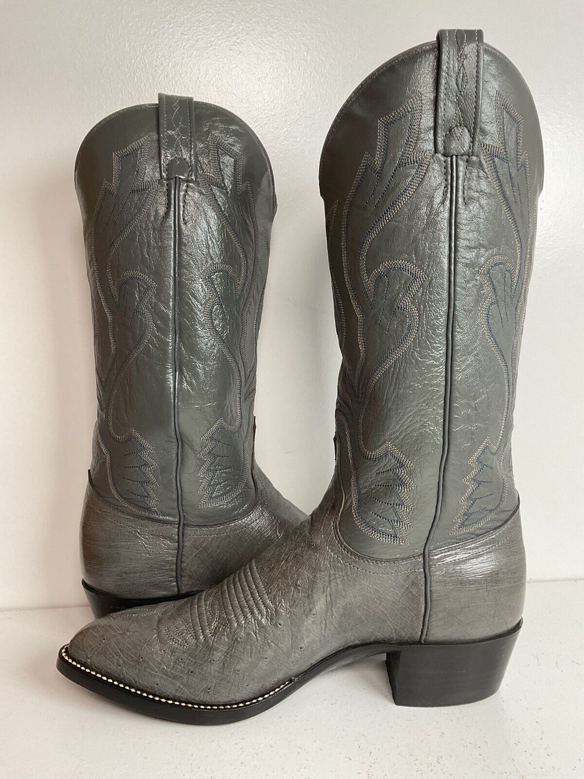 Vintage J. Chisholm Grey Smooth Ostrich Cowboy Boots 7.5 D New Old Stock Exotic