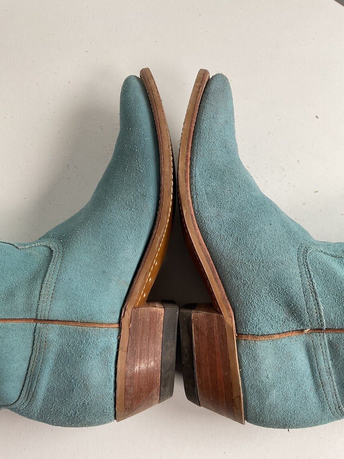 Vintage Wrangler 16.5” Rough Out Suede Cowgirl Boots 6.5 M Fringe Powder Blue