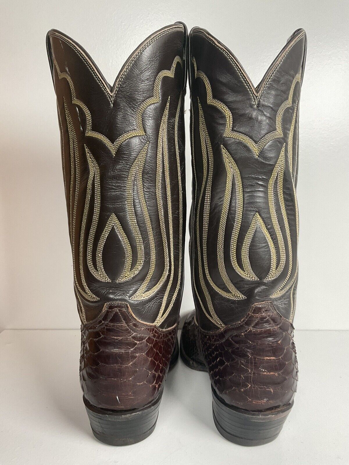 Vintage Tony Lama Back Cut Python Cowboy Boots 8.5 D Dark Brown Snakeskin