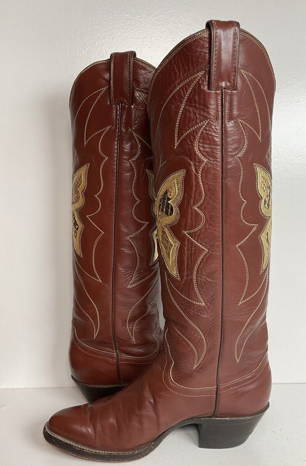 Vintage Justin Tall Butterfly Inlay Cowgirl Boots 6.5 C Snakeskin 70s