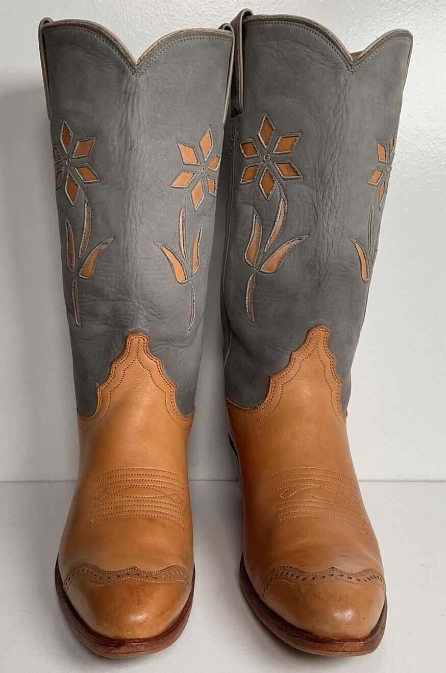 Vintage Justin Women’s Flower Cowgirl Boots 8 B Tooled Inlay USA Made