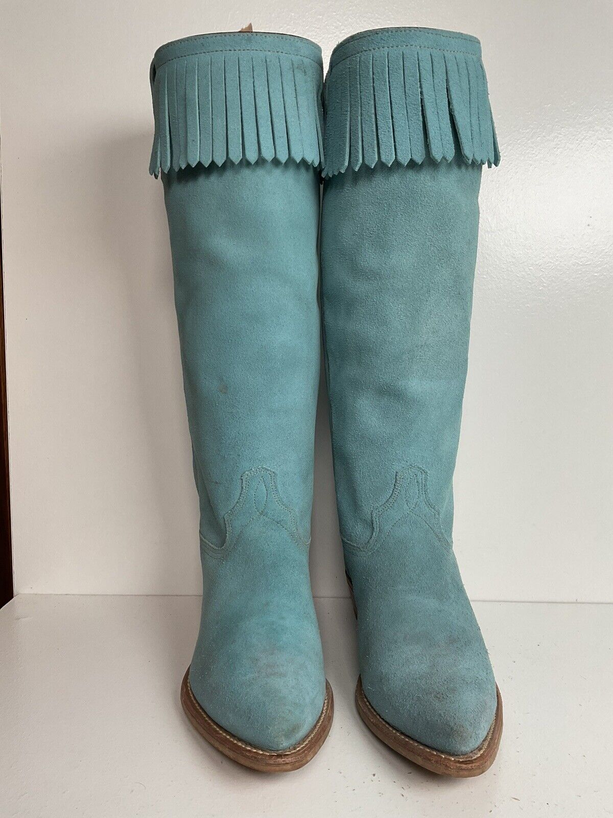 Vintage Wrangler 16.5” Rough Out Suede Cowgirl Boots 6.5 M Fringe Powder Blue