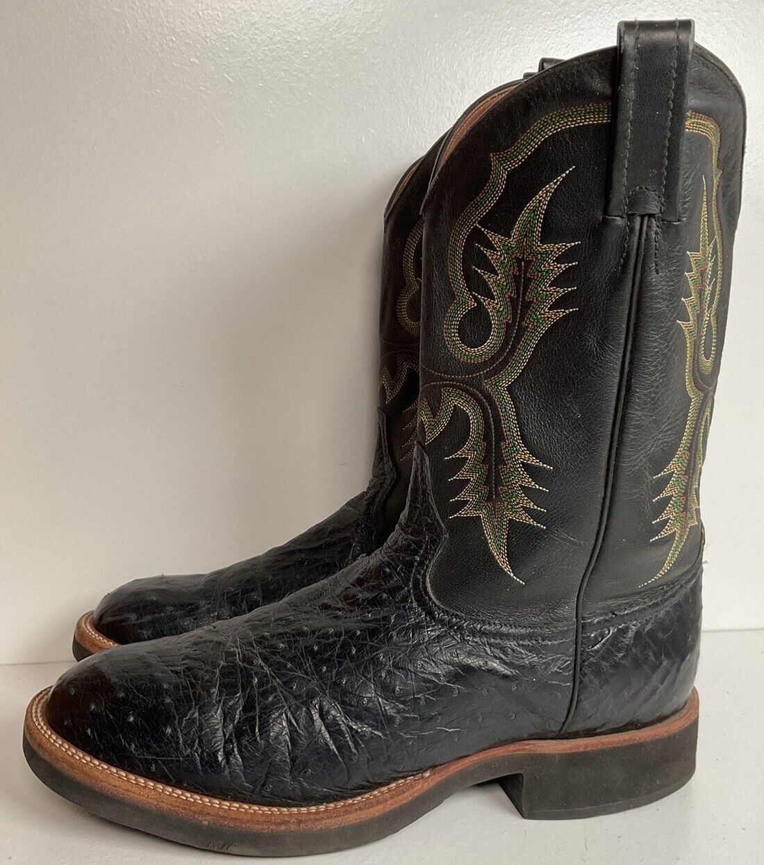 Tony Lama Ostrich Crepe Roper Boots 10 D Western Work Wear Black Exotic