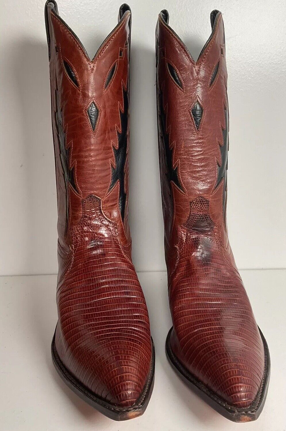 Vintage Code West For Dan Post Inlay Cowgirl Boots 9 M Lizard Vamp USA Made