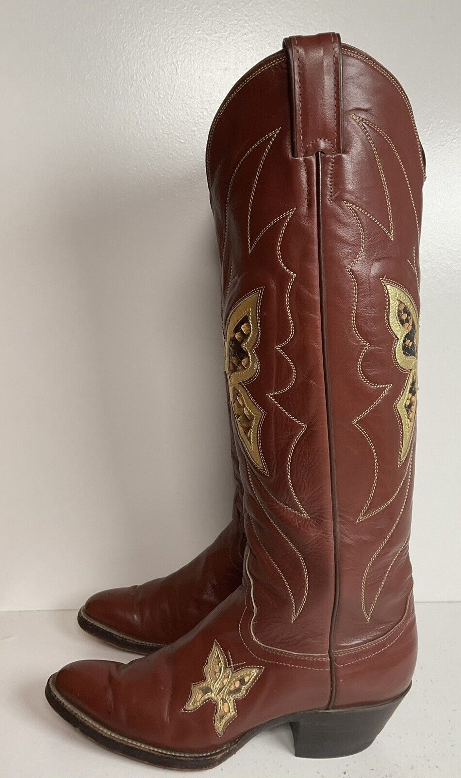 Vintage Justin Tall Butterfly Inlay Cowgirl Boots 6.5 C Snakeskin 70s