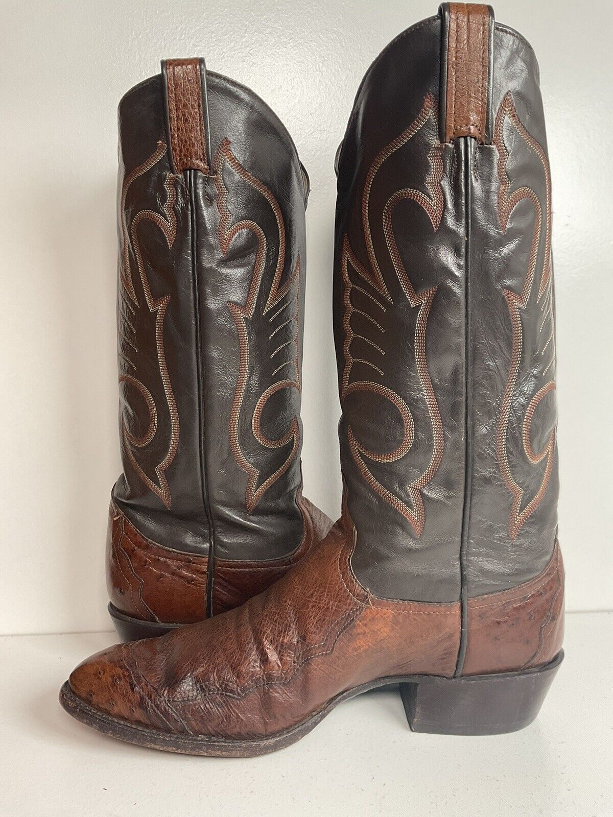 Vintage Larry Mahan Exotic Ostrich Wingtip Cowboy Boots 10.5 D Smooth Pin Quill