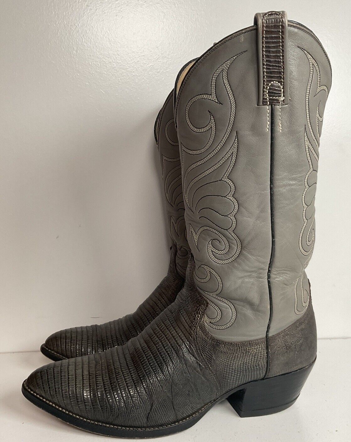 Vintage Dan Post Charcoal Grey Teju Lizard Cowboy Boots 10 D Old Label