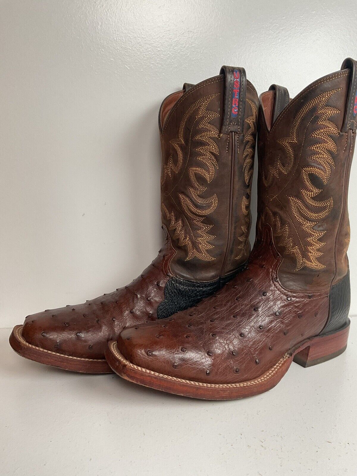 Vintage Tony Lama Exotic Ostrich, Shark Cowboy Boots 8 EE Square Toe Custom