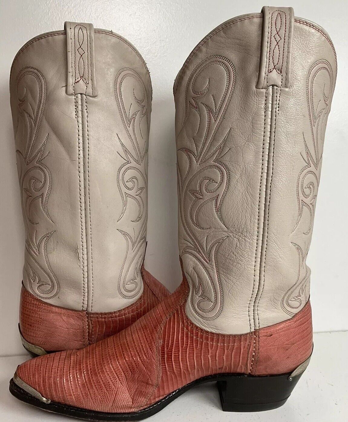 Vintage Dan Post Peach Cowgirl Boots 10 Lizard Vamp USA Made