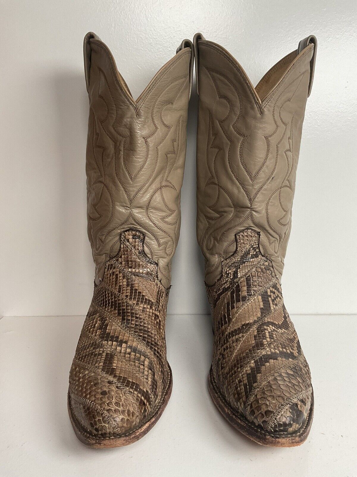 Vintage Dan Post Front Cut Python Snakeskin Cowboy Boots 10 D Patchwork USA Made