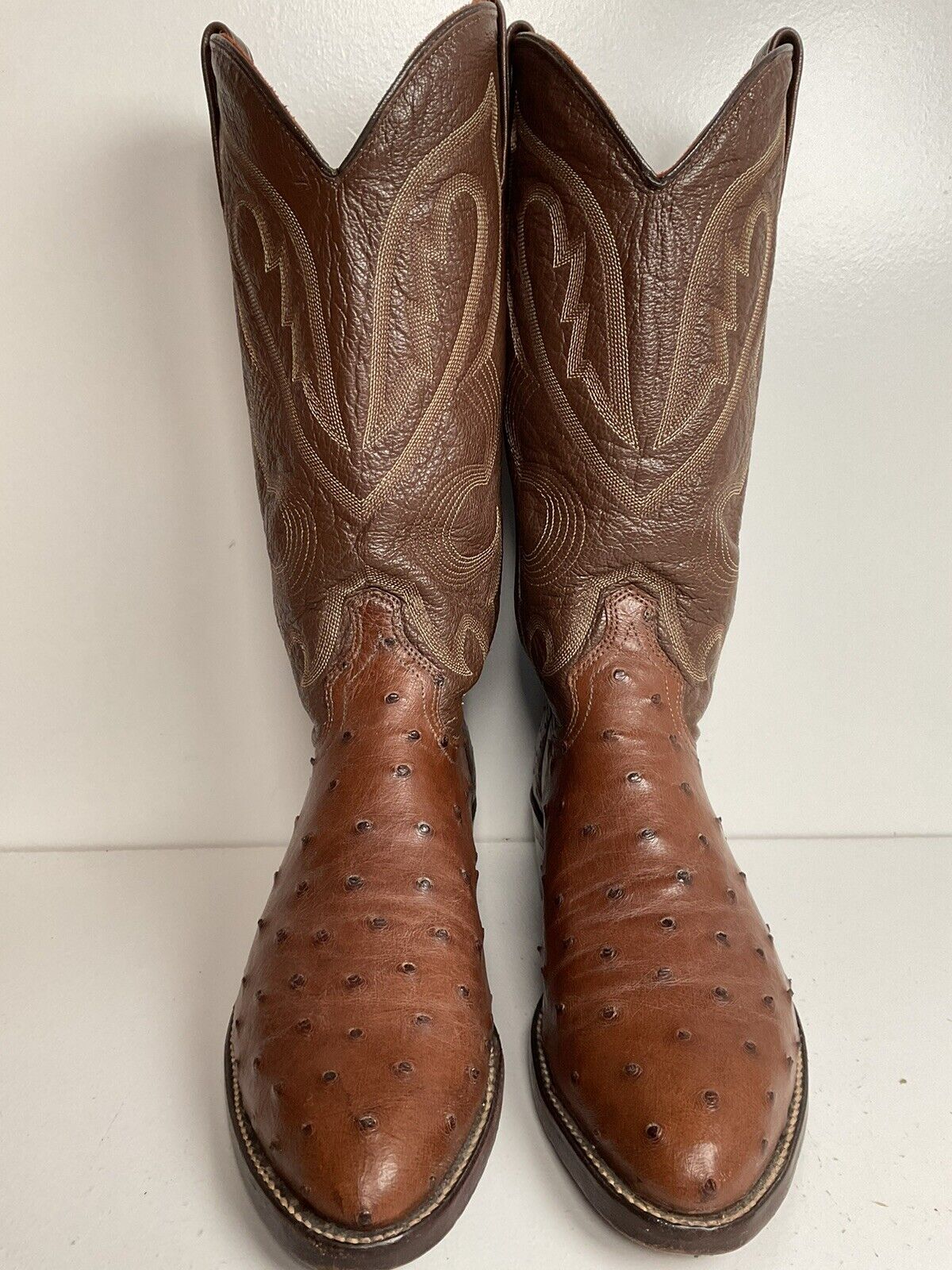 Vintage J Chisholm Exotic Full Quill Ostrich Cowboy Boots 8 D Brown USA Made