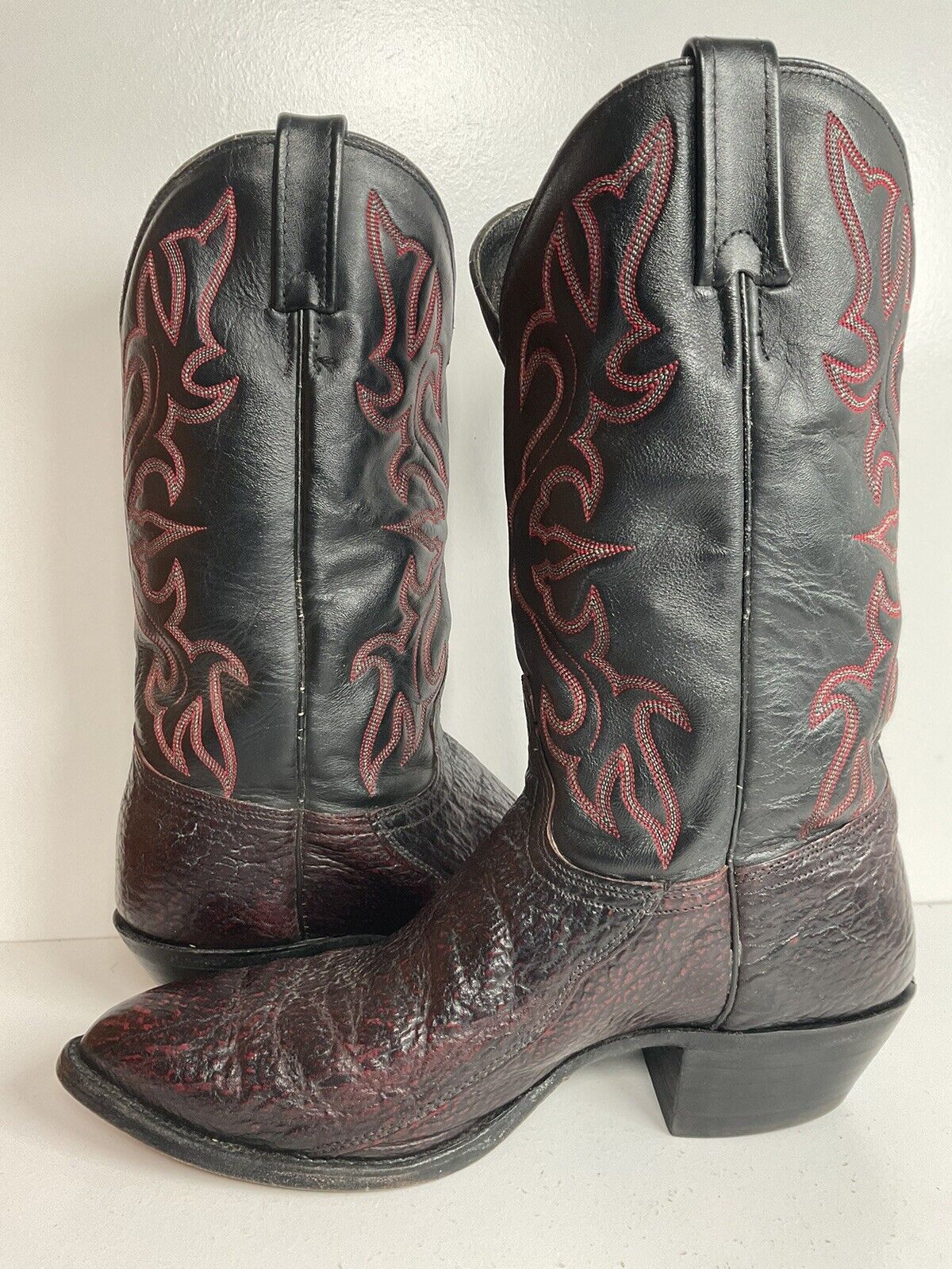 Vintage J Chisholm Exotic Shark Leather Cowboy Boots 10.5 D Black Cherry