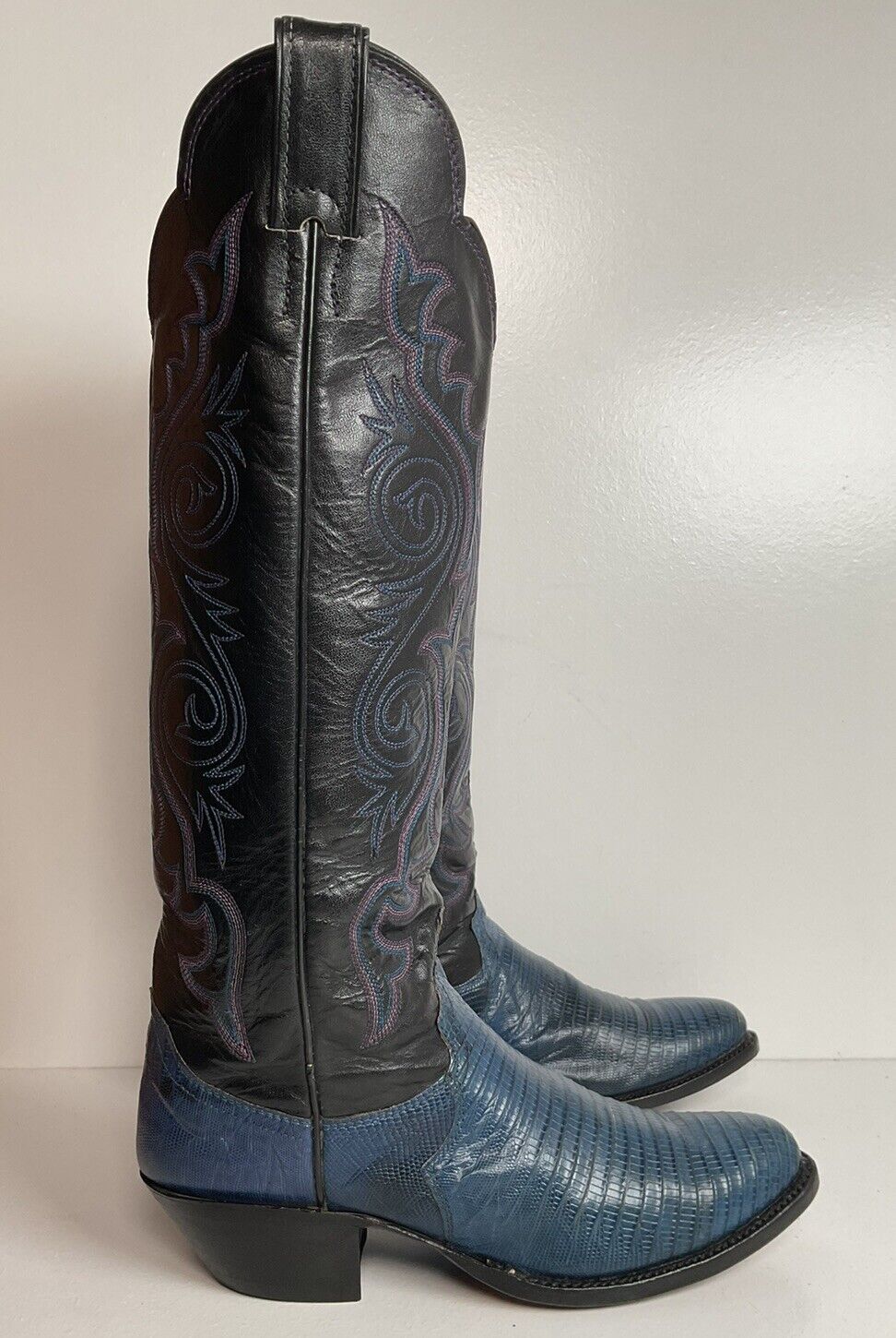 Vintage Justin Tall Blue Lizard Cowgirl Boots 6.5 B USA Made New Half Soles