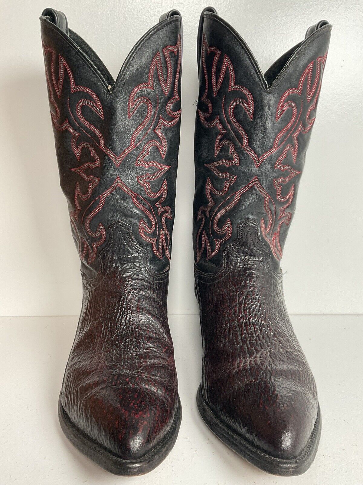 Vintage J Chisholm Exotic Shark Leather Cowboy Boots 10.5 D Black Cherry