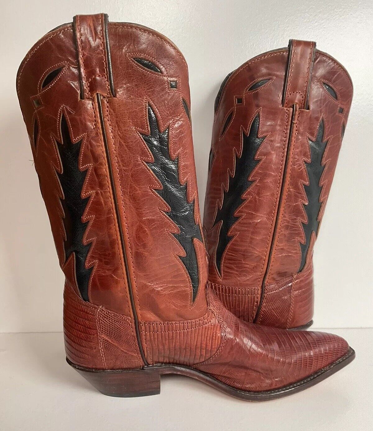 Vintage Code West For Dan Post Inlay Cowgirl Boots 9 M Lizard Vamp USA Made