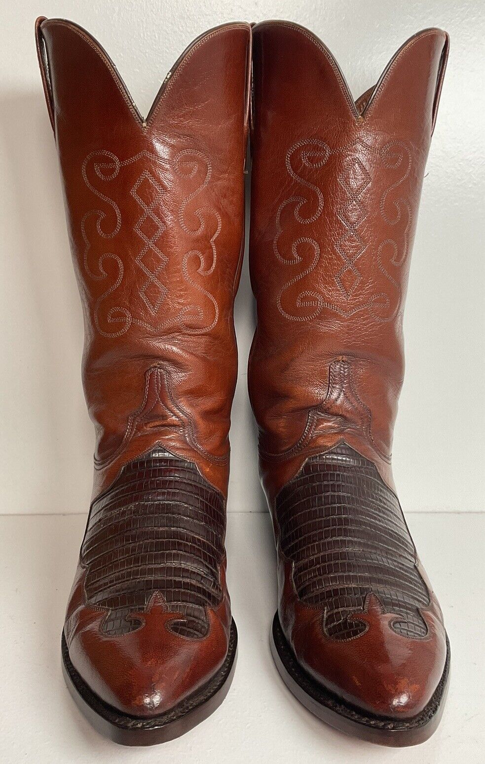 Vintage Lucchese Lizard Inlay Cowboy Boots 8.5 D USA Made New Soles