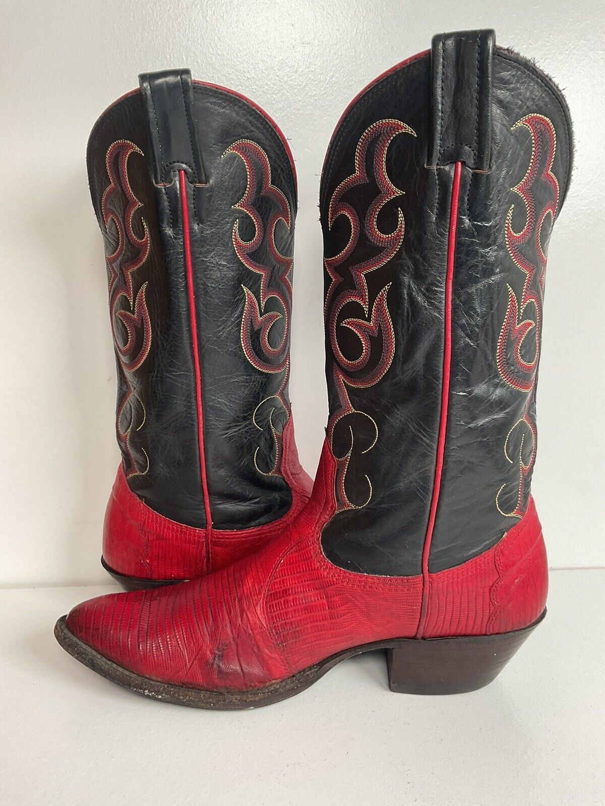 Vintage Nocona Cherry Red Cowgirl Boots 8 B Teju Lizard Vamp USA Made