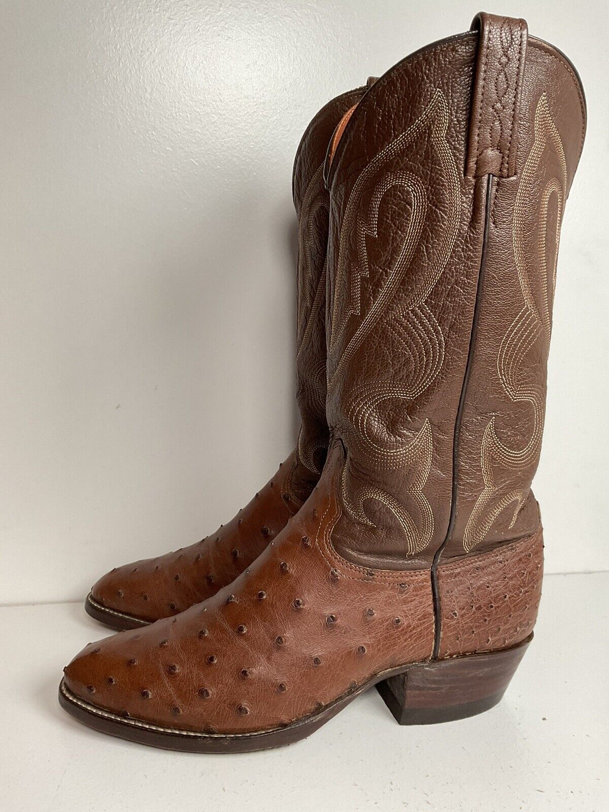 Vintage J Chisholm Exotic Full Quill Ostrich Cowboy Boots 8 D Brown USA Made