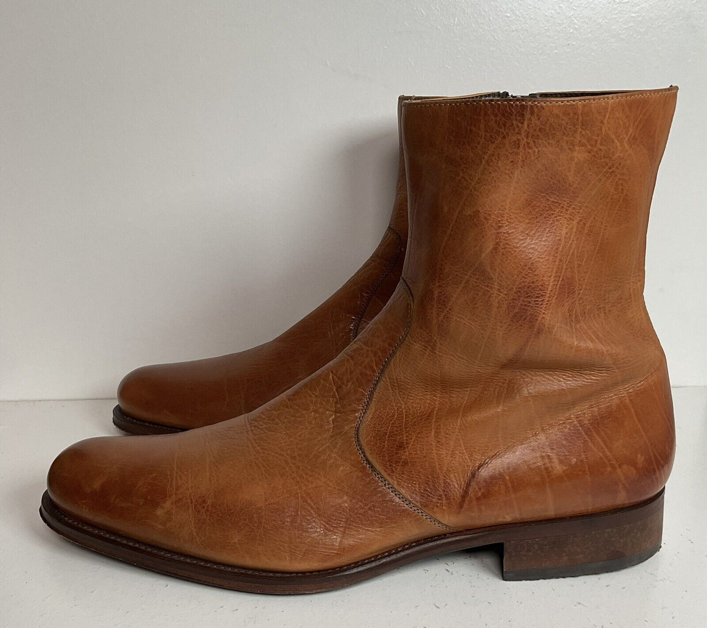 Magnanni Soft Golden Brown Chelsea Zipper Boots 12 M Spain Calfskin