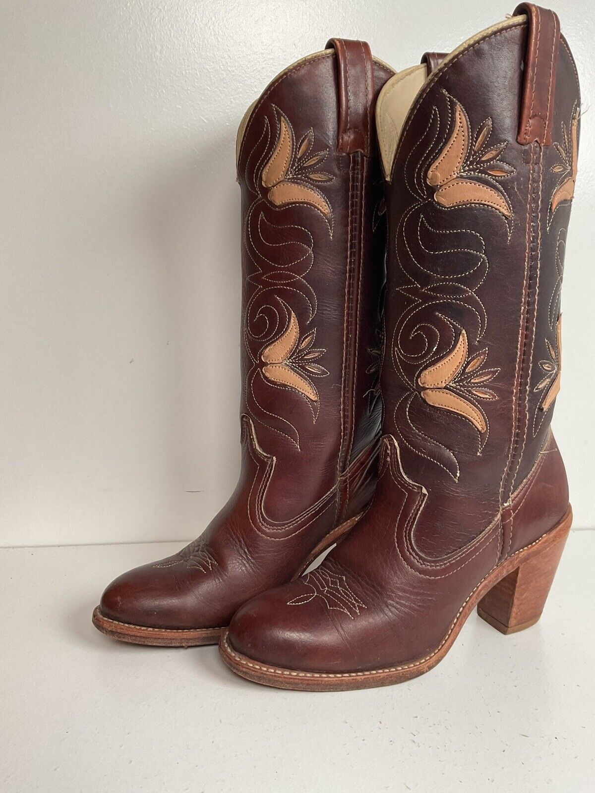 Vintage Dingo Acme 14” Brown Floral Cowgirl Boots 6 M Tooled Tulip Overlay