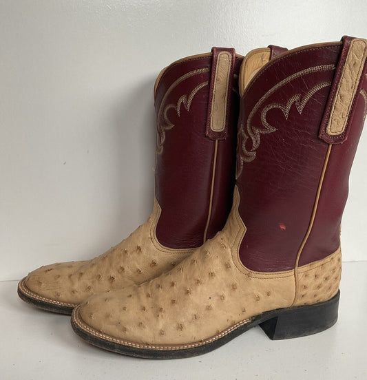 Anderson Bean roper boots in ostrich quill leather, size 8 B, exotic and USA-made for a premium western style.