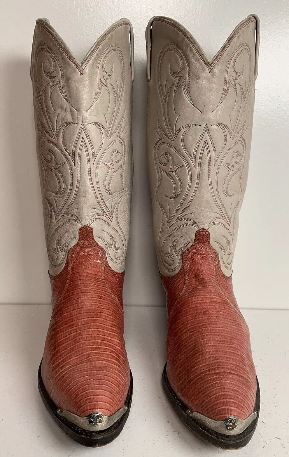 Vintage Dan Post Peach Cowgirl Boots 10 Lizard Vamp USA Made