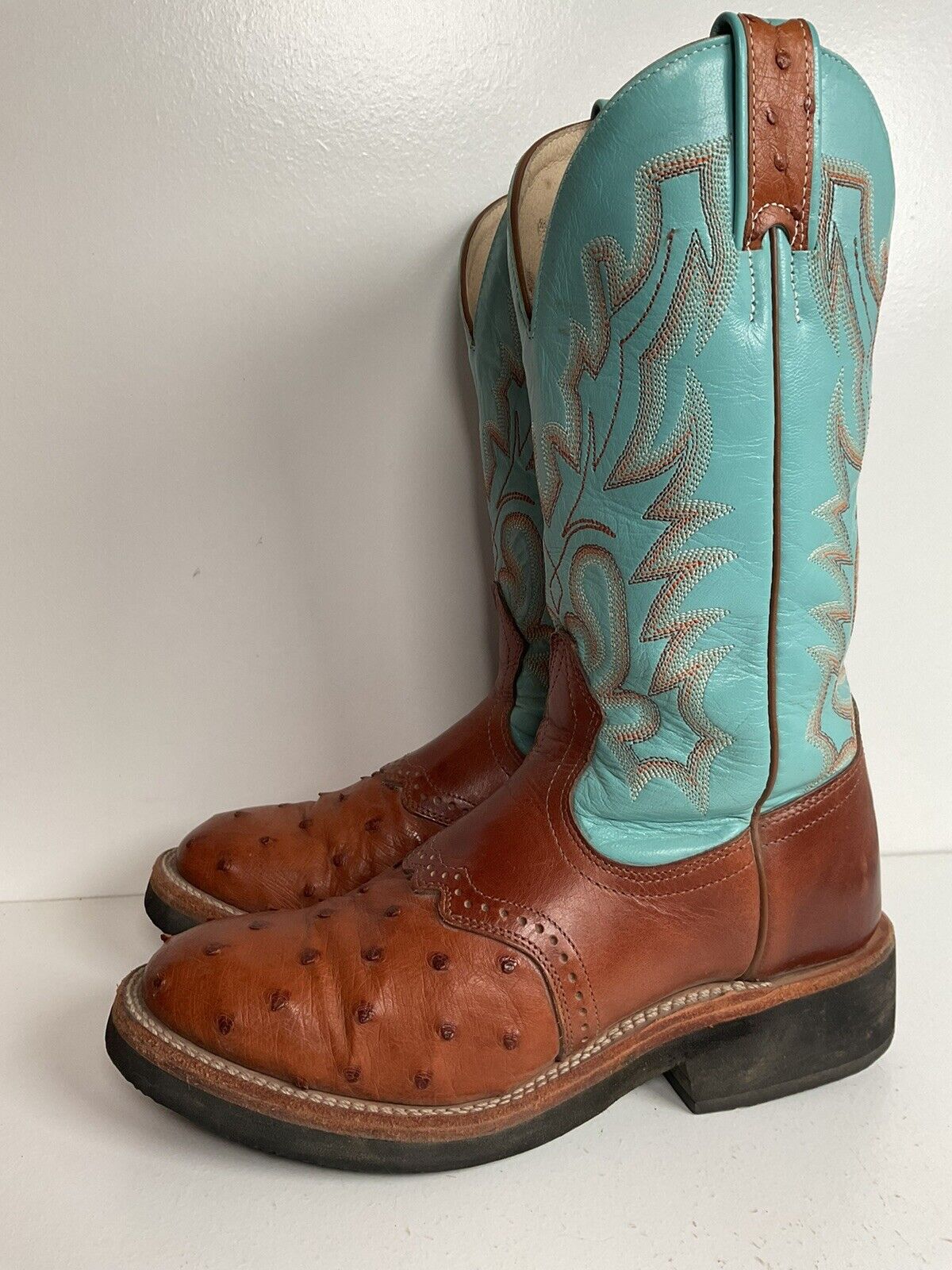 Boulet Exotic Ostrich Quill Cowgirl Roper Boots 7 C Crepe Turquoise