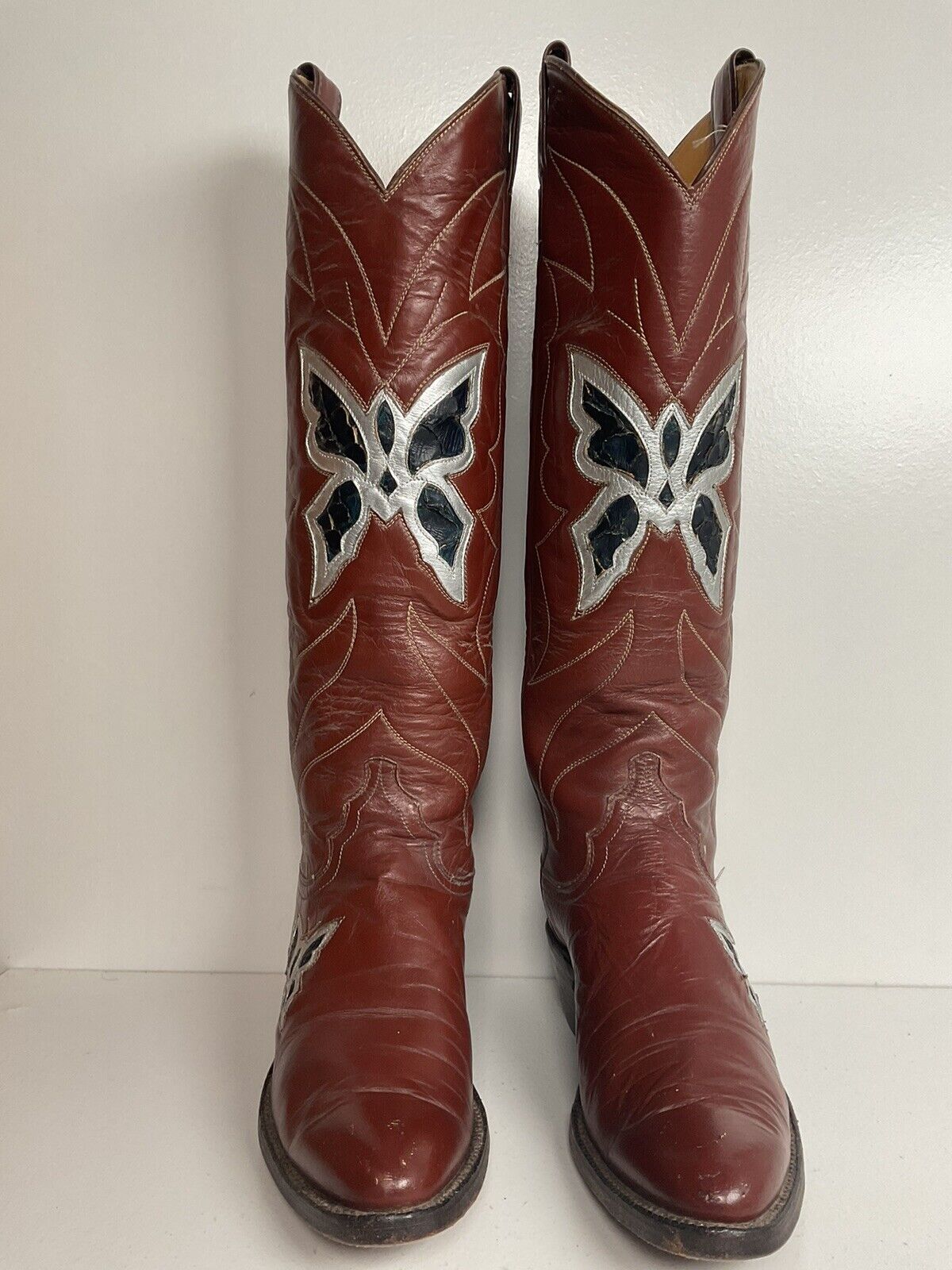 Vintage Justin 18” Butterfly Cowgirl Boots 5.5 C Snakeskin Inlay 70s