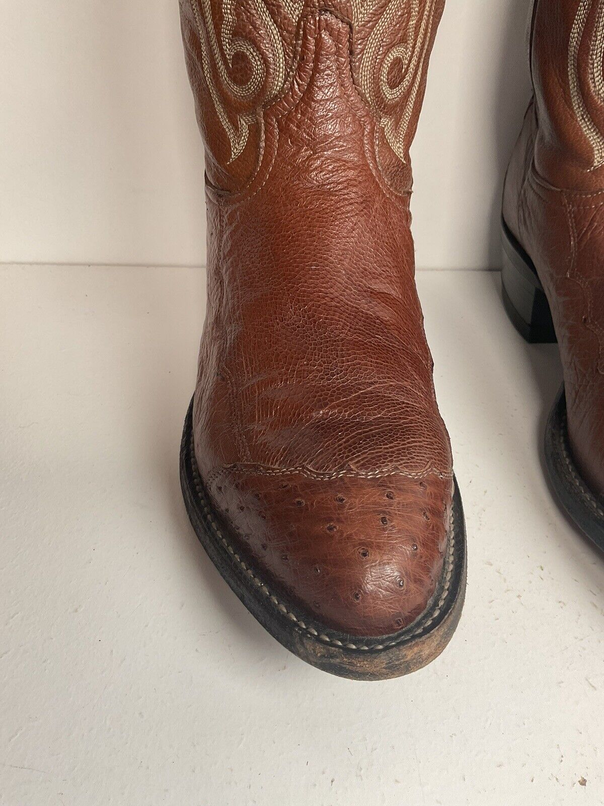 Vintage Tony Lama Smooth Ostrich Wingtip Cowboy Boots 9.5 D White Label