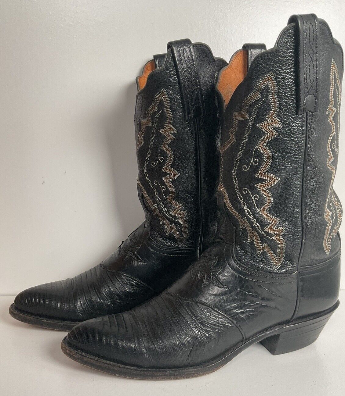 Lucchese 1883 Black Leather Cowgirl Boots 10 B Tooled Lizard Inlay