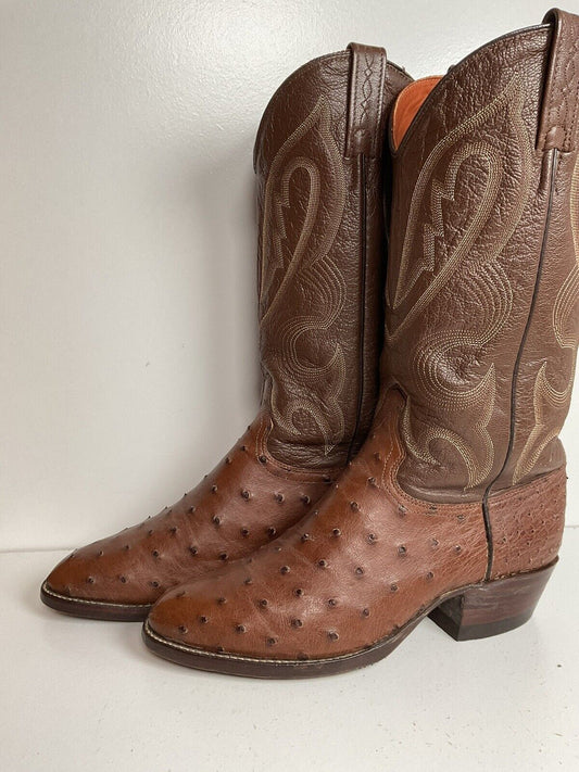 Vintage J Chisholm Exotic Full Quill Ostrich Cowboy Boots 8 D Brown USA Made