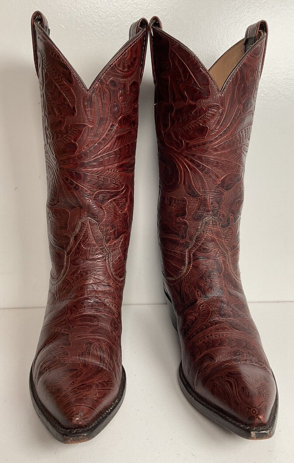 Vintage Larry Mahan Tooled Cowgirl Boots 7 B Mahogany Brown