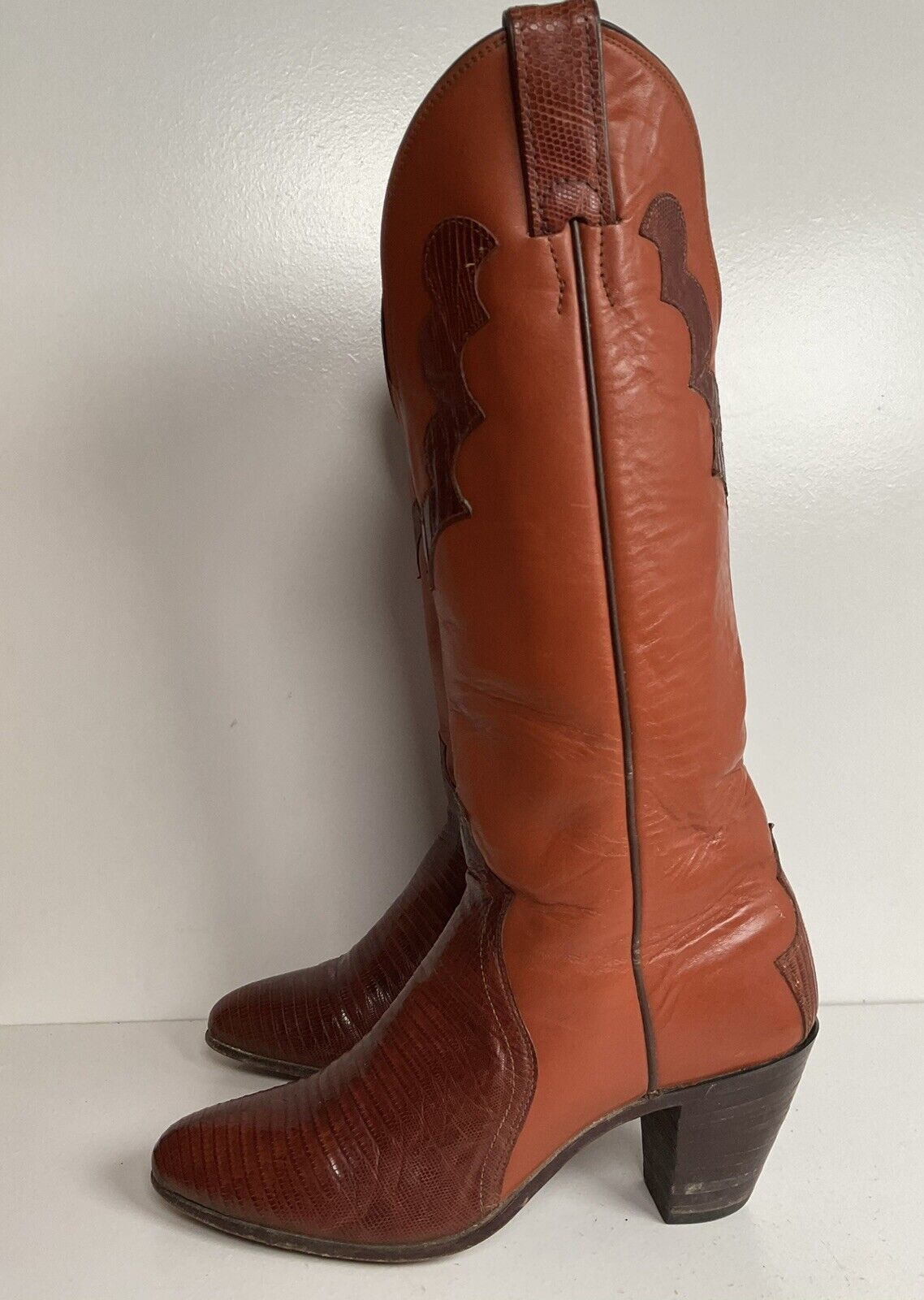 Vintage Justin 16” Tall Orange Cowgirl Boots 6.5 B Triad Tooled Lizard Overlay