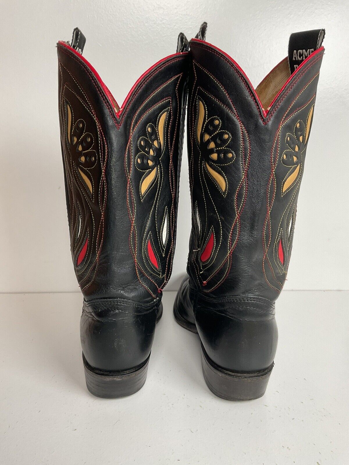 Vintage Acme Shorty Cowgirl Boots 7 M Tooled Flower Inlay