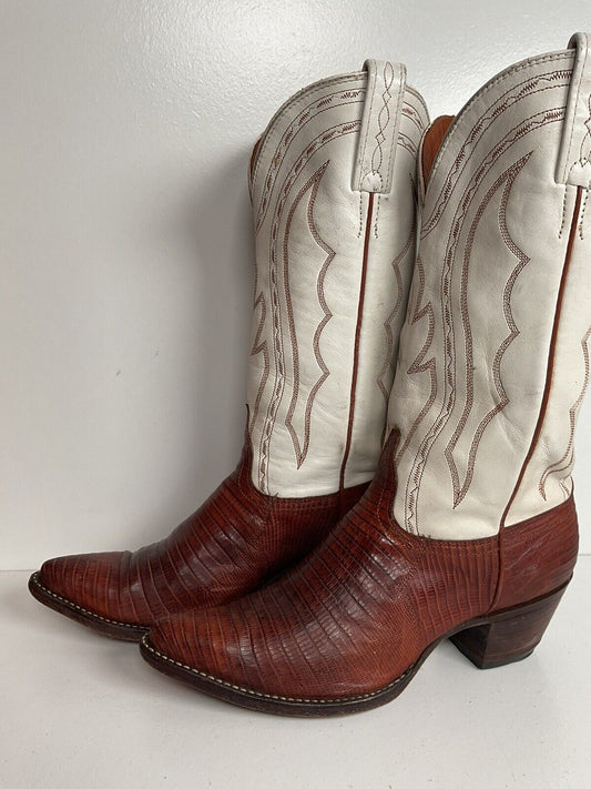 Vintage J Chisholm White Cowgirl Boots 7.5 M Teju Lizard