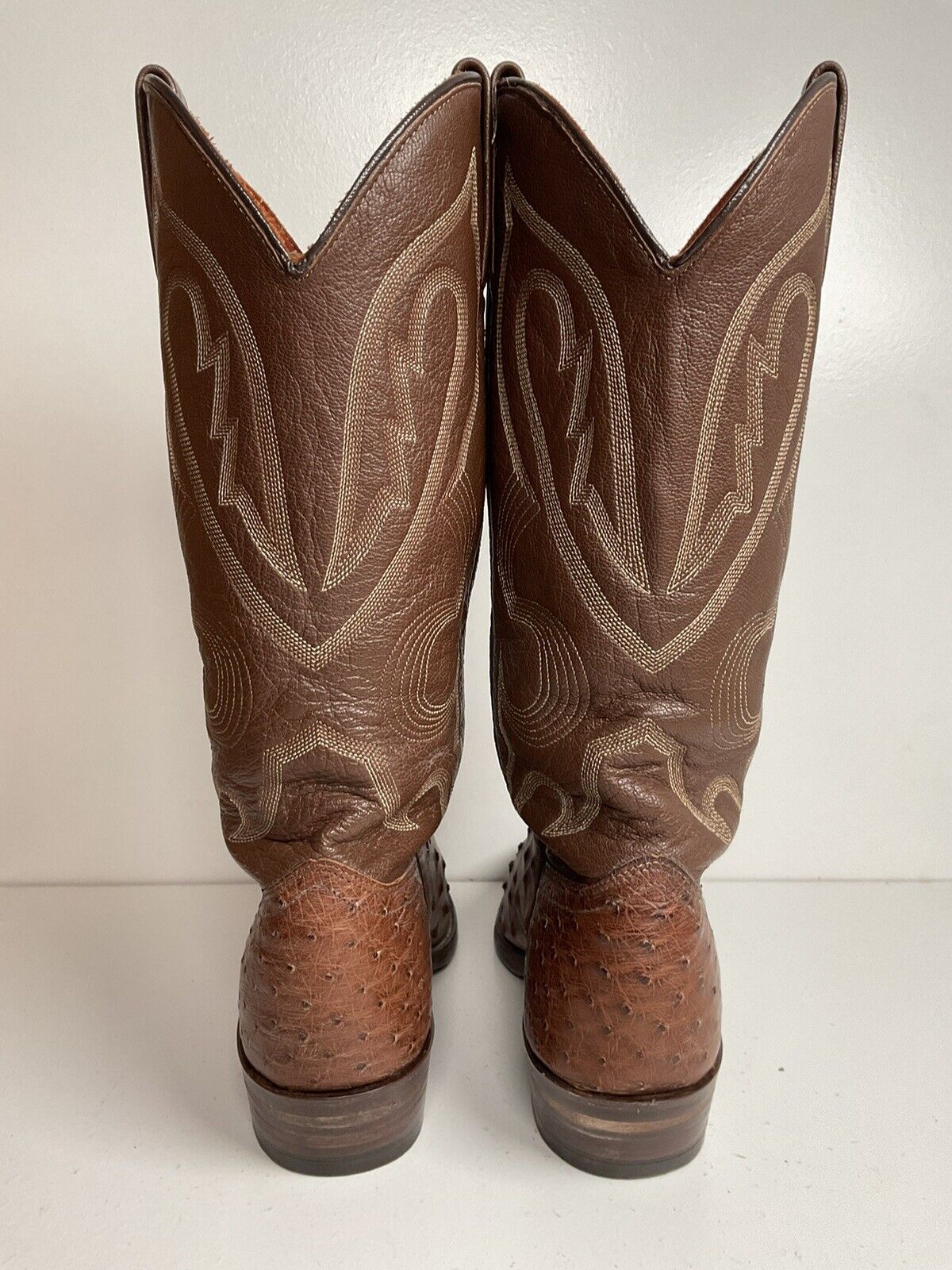 Vintage J Chisholm Exotic Full Quill Ostrich Cowboy Boots 8 D Brown USA Made